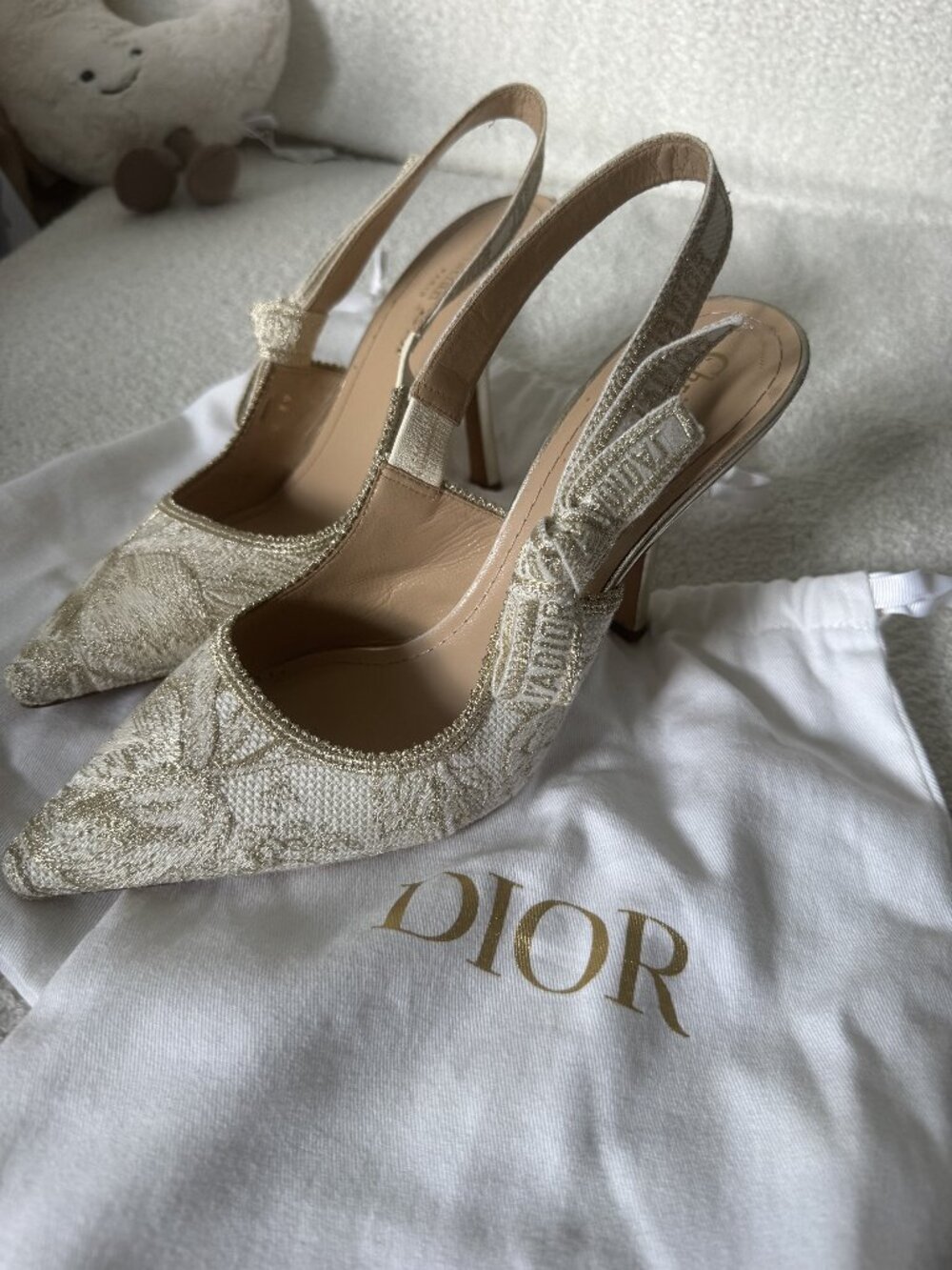 Dior J'Adior Slingback Pumps Gold White Toile de Jouy 4" Heel Size 39